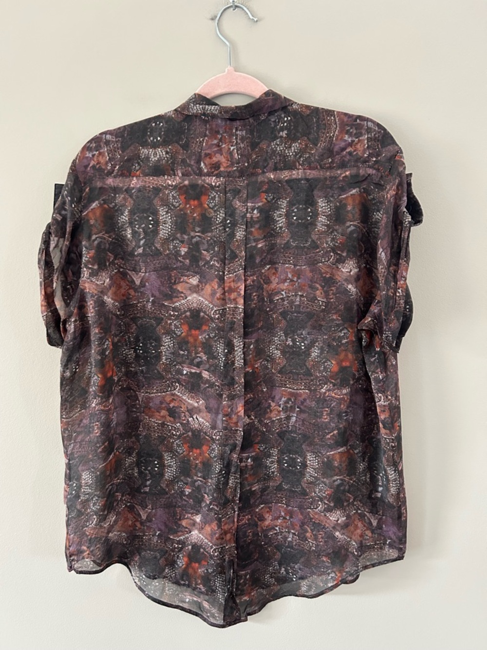 TopShop Pure Silk Retro Androgynous Eclectic Semi-Sheer Short Sleeve Button Top - Picture 3 of 6